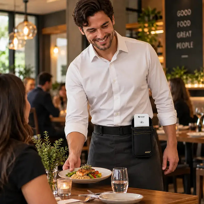Restaurant server wearing Clover Flex POS holster with waist belt for tableside payment access