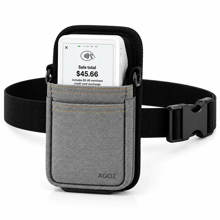 Clover Flex handheld POS terminal in gray Agoz holster with adjustable rugged waist belt