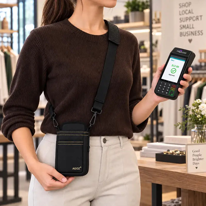 Retail associate using Dejavoo POS terminal with Agoz crossbody holster