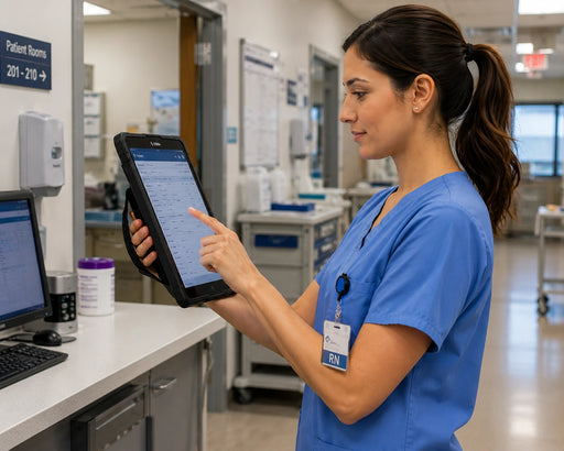 Nurse using ELO tablet handgrip in hospital