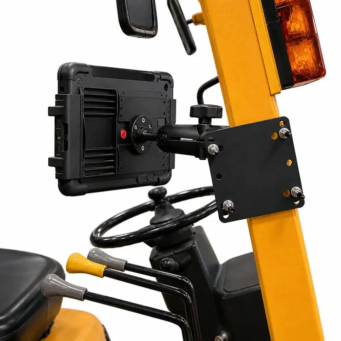 Rear view of the AgozTech forklift tablet mount, adjustable arm, and mounting plate installed on a yellow lift frame.