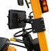 Rear view of the AgozTech forklift tablet mount, adjustable arm, and mounting plate installed on a yellow lift frame.