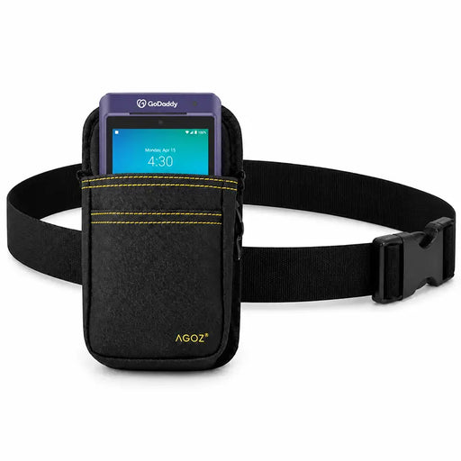 GoDaddy Smart Terminal Flex secured in an Agoz black holster with adjustable waist belt and buckle.