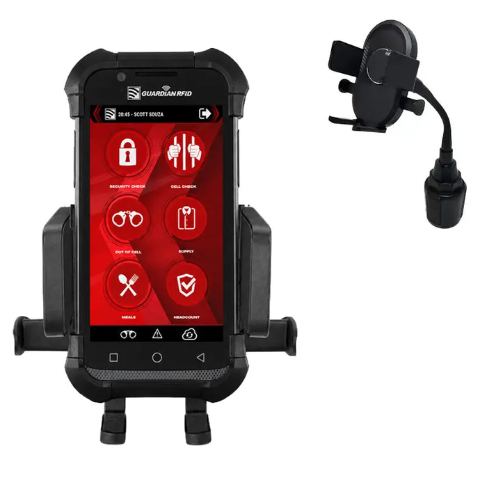 Guardian RFID Spartan 3 in vehicle cradle holder with cup holder mount attachment shown beside it