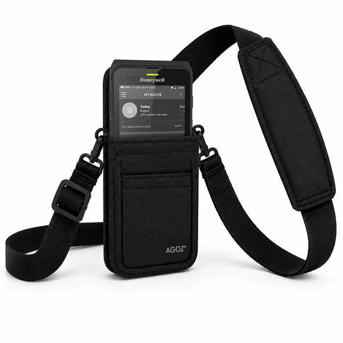 Black Honeywell shoulder sling holster with Honeywell handheld computer seated in pouch and adjustable crossbody strap.