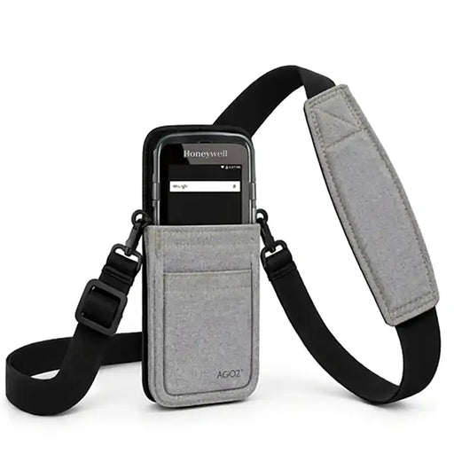 Gray Honeywell shoulder sling holster with Honeywell handheld computer seated in pouch and padded crossbody strap.