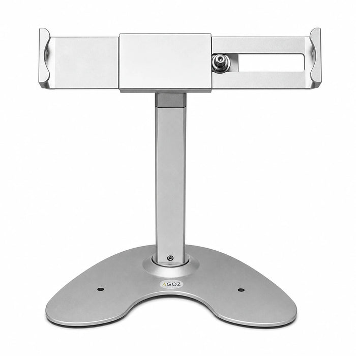 Front view of the silver Agoz high-profile countertop tablet stand with adjustable locking holder.