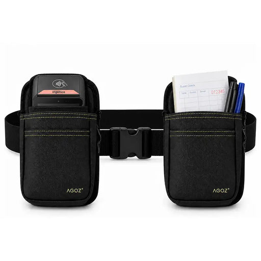 Front view of Agoz Ingenico POS double pouch holster with adjustable black waist belt, secure buckle, yellow stitching, and separate pockets for payment terminal and accessories.