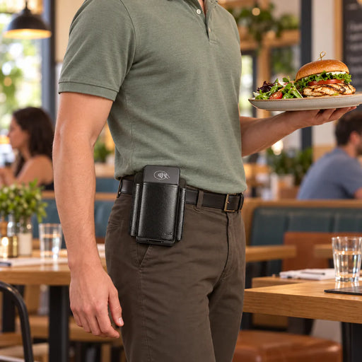 Restaurant server wearing an Agoz leather Castles POS terminal holster on his waist belt while carrying a plated meal, demonstrating hands-free device storage.