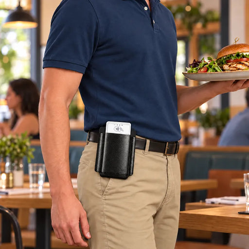 Restaurant server wearing an Agoz leather Clover Flex POS terminal case attached to his waist belt while carrying meals, demonstrating hands-free device storage.