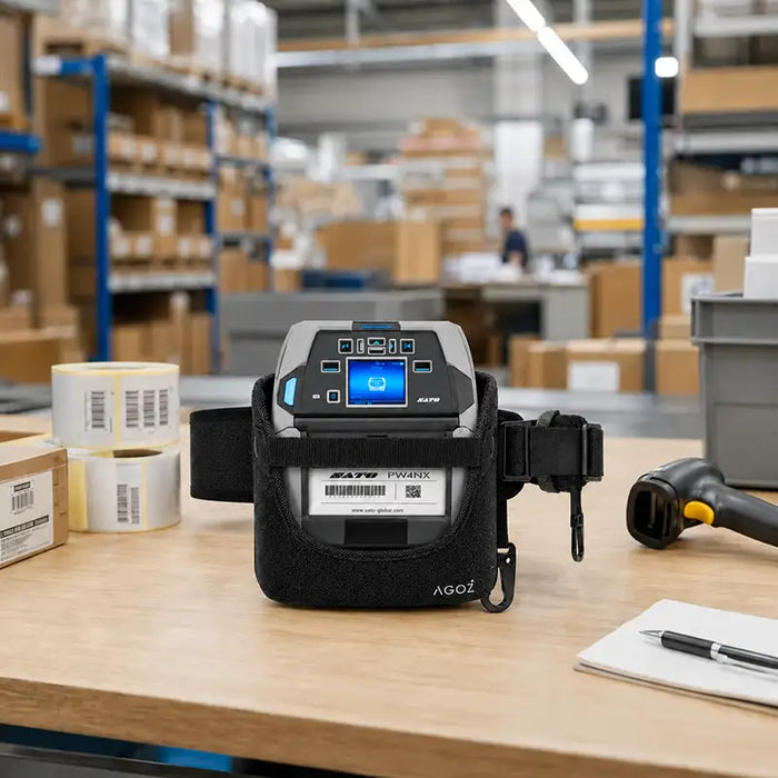 SATO mobile printer waist belt displayed on a warehouse packing table with label rolls, scanner, and shipping supplies.