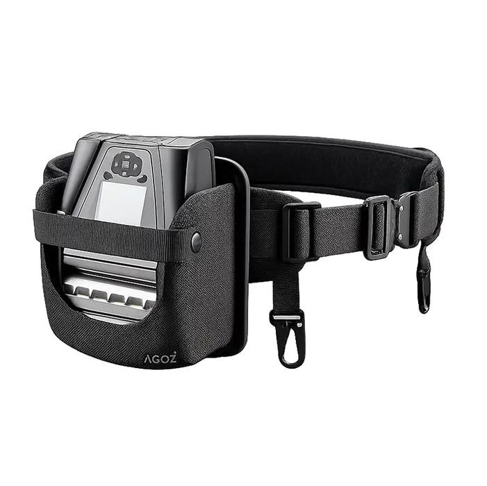 Zebra ZQ630 mobile printer in AGOZ waist belt carrying case,  shown on a clean white background.