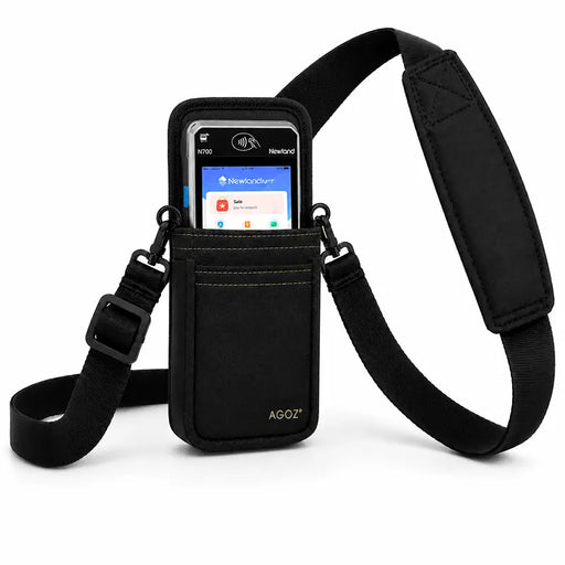 Newland POS terminal in an AgozTech black crossbody sling holster with shoulder strap for service team carry.