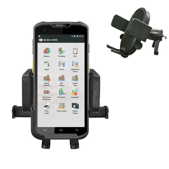 Newland mobile computer in a vehicle cradle holder with air vent mount attachment shown beside it.