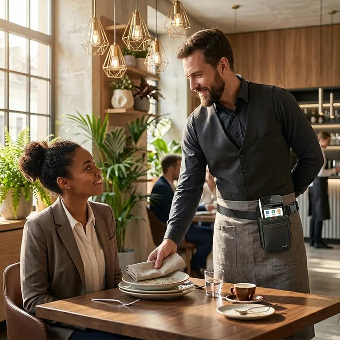 Server wearing AgozTech carrying case with PAX A800 payment terminal in restaurant