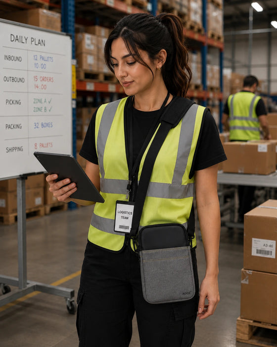 Person in a warehouse wearing a Panasonic tablet case and holding a tablet.