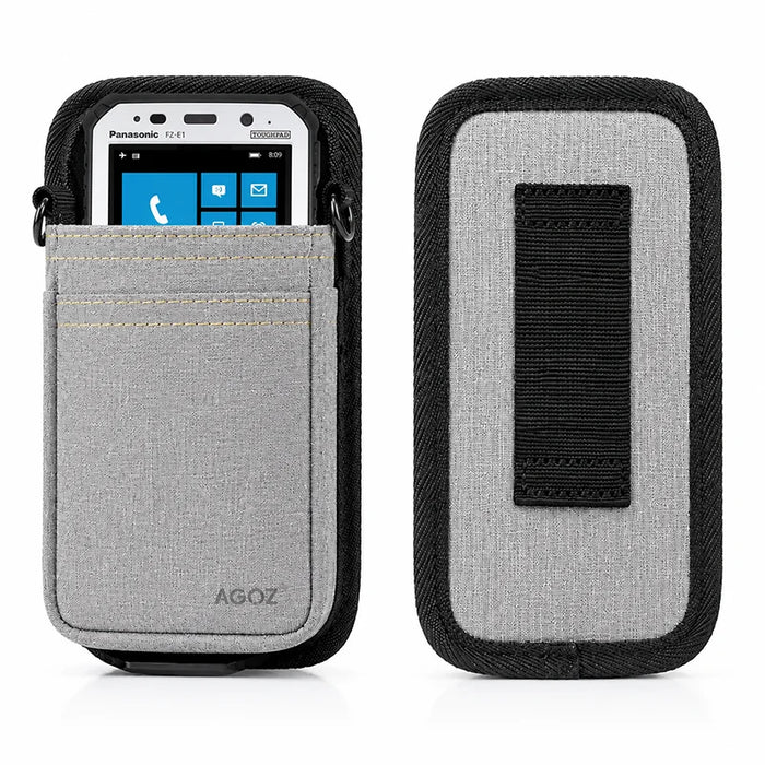 Gray Panasonic Toughbook waist belt pouch shown with front device access and rear belt loop detail for warehouse and inspection workflows.