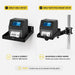 Comparison of the Agoz SATO printer shelf used alone or with an adjustable pole-mount swing arm.