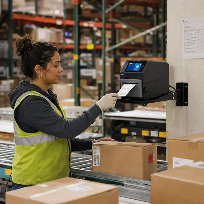 Warehouse worker pulling a shipping label from a SATO printer on an AgozTech wall mount shelf near conveyor boxes.