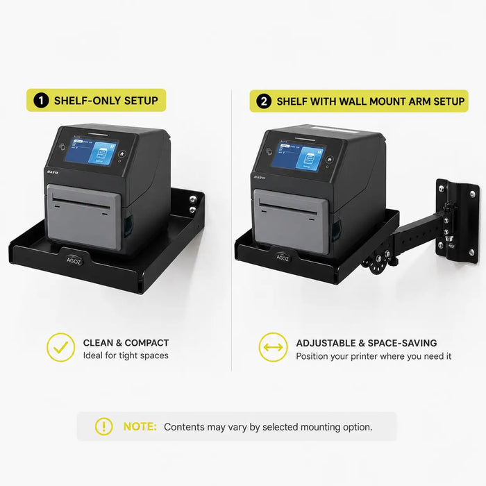 SATO printer shown on AgozTech shelf-only setup and shelf with wall mount arm setup.