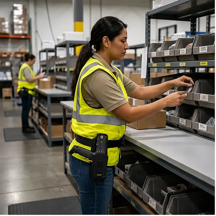 Worker wearing an Agoz waist belt scanner holster while organizing parts bins at a warehouse workstation.