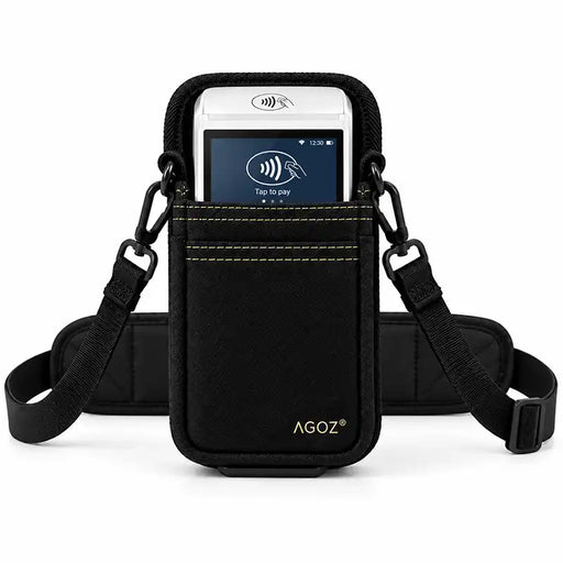 Black Agoz Saturn 1000F2 POS holster with detachable shoulder sling and padded waist belt, featuring secure clips and front accessory pocket.