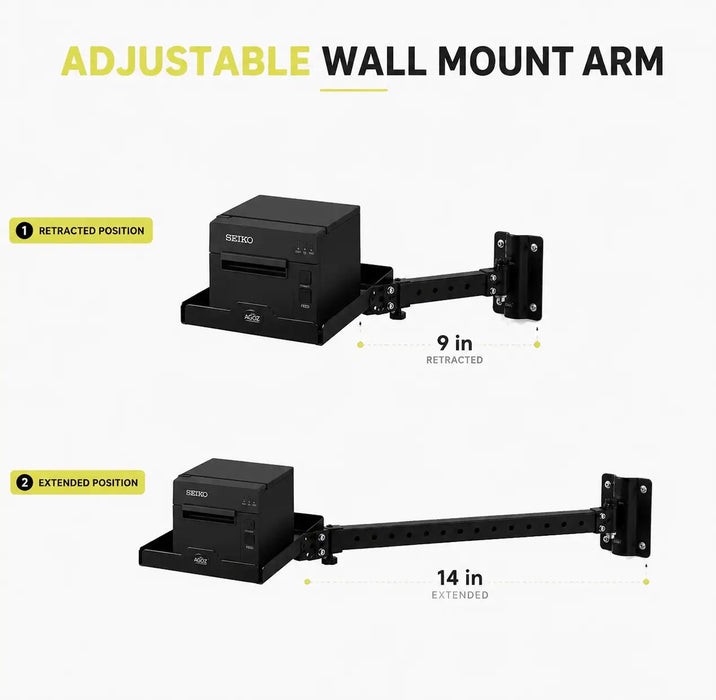 AgozTech adjustable wall mount arm for Seiko printer shelf shown retracted and extended