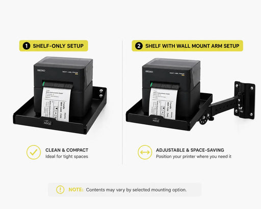 AgozTech Seiko printer wall mount shelf shown in shelf-only and swing arm setup options