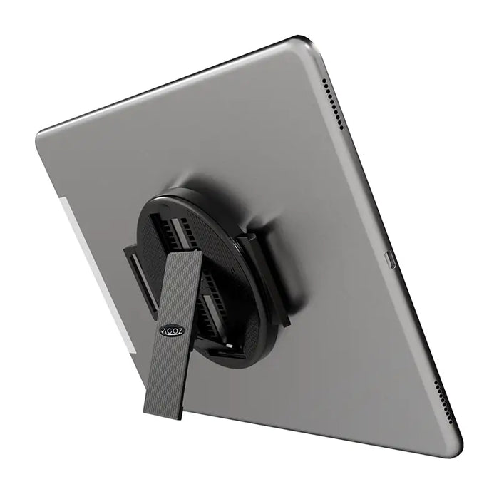Tablet supported in an upright viewing position using the hand grip’s integrated stand