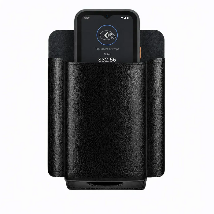 Toast Go 3 POS terminal inserted in AgozTech black leather case with open-top access and reinforced belt carry design.