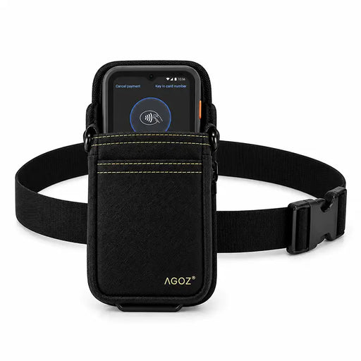 Agoz black Toast Go 3 POS terminal holster with a wide adjustable waist belt, quick-release buckle, and protective front pocket for hands-free carrying.