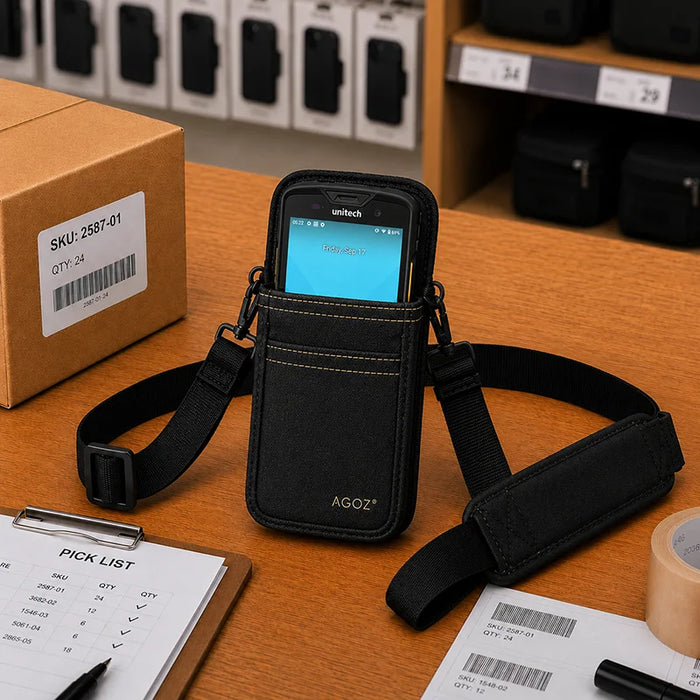 Black Unitech shoulder sling holster with Unitech device displayed on a packing workstation with barcode labels, pick list, shipping box, and tape.