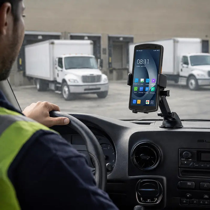 Urovo mobile computer mounted on a dashboard cradle inside a delivery vehicle at an outdoor loading dock.
