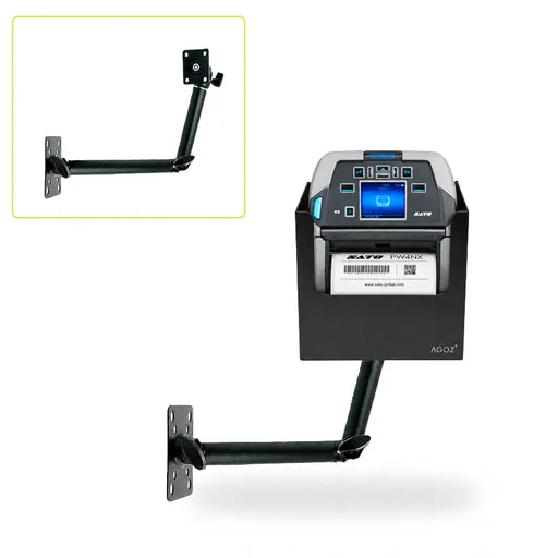 AgozTech adjustable swing arm mount with metal holder shown holding a SATO mobile printer, with inset view of the arm hardware.
