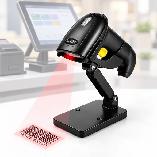 Black barcode scanner with red light beam on a white background with Toast POS systems