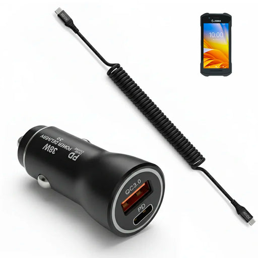 38W Fast Car Charger and USB-C Coiled Cable for Zebra TC21 Handheld