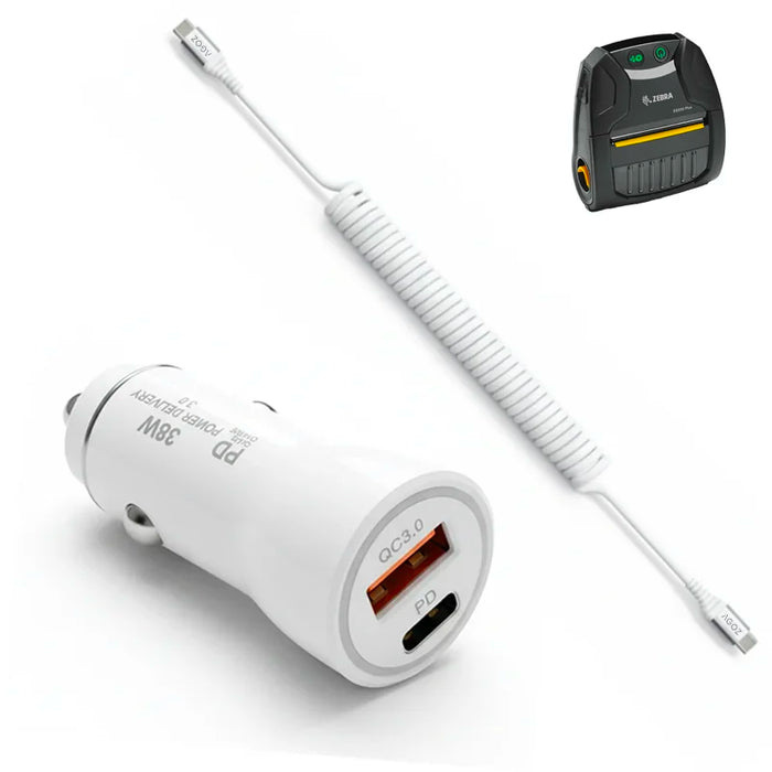 38W Fast Car Charger & USB-C Coiled Cable for Zebra Mobile Printers