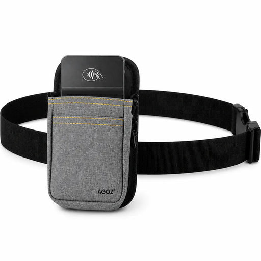 Gray adyen POS handheld waist bag with black strap and AGOZ branding on a white background