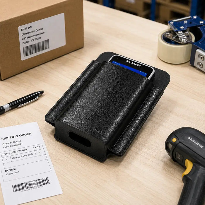 Agoz brand leather belt case with a Datalogic handheld scanner on a shipping table