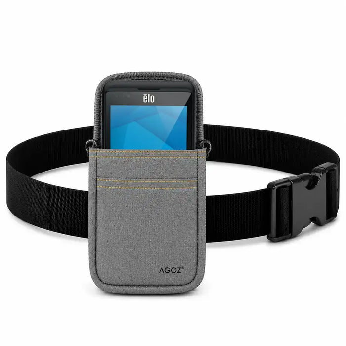 a gray waist belt case for Elo handheld scanner on a white background