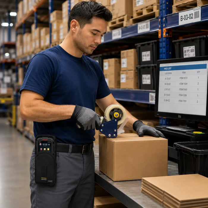 Warehouse worker sealing a cardboard box with a tape gun while wearing a compact black AGOZ belt case holding a Honeywell Dolphin CK65 at a packing station.