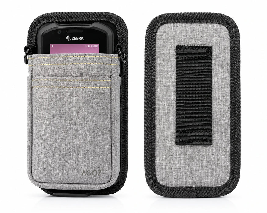 Gray Zebra scanner case with black strap and AGOZ branding on a white background