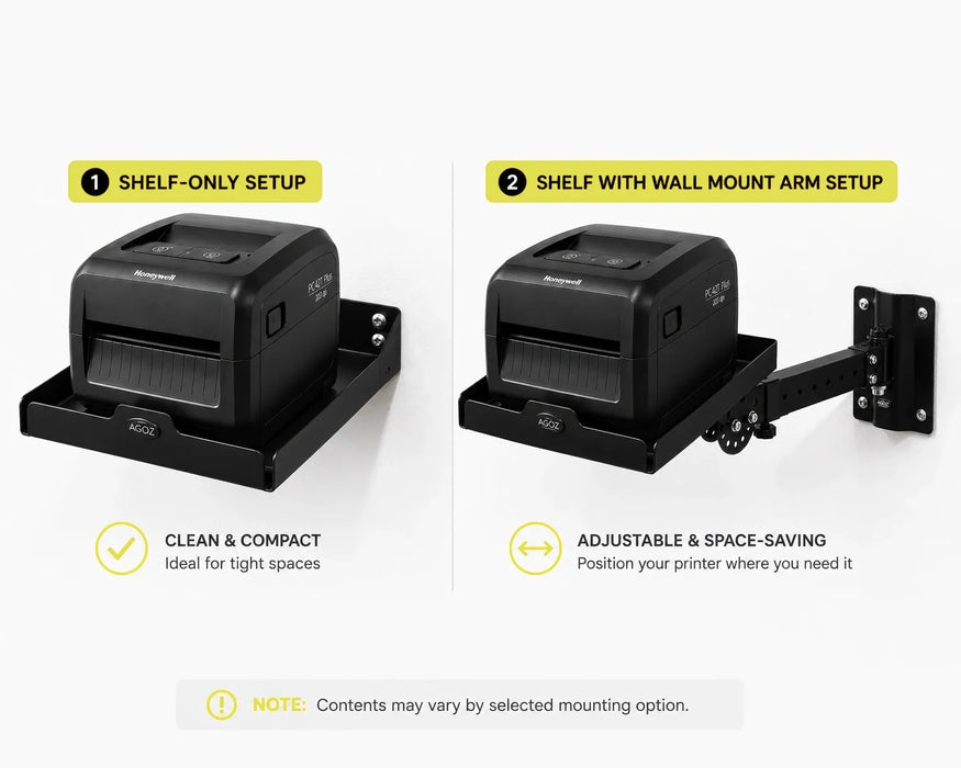 AgozTech Honeywell printer wall mount shelf shown in shelf-only and swing arm setup options