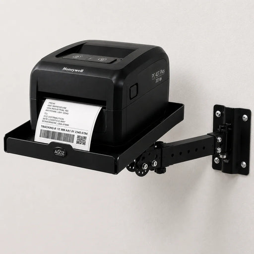 AgozTech Honeywell printer wall mount shelf with black stainless steel tray and industrial swing arm
