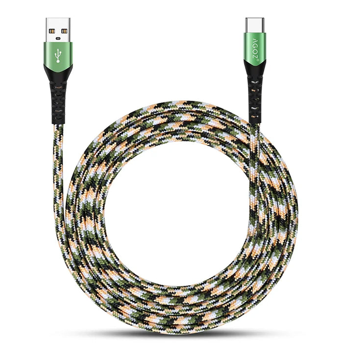 Agoz USB-A to USB-C fast charging cable for iMin POS terminals with camouflage nylon braiding, green metal connectors, and reinforced ends.