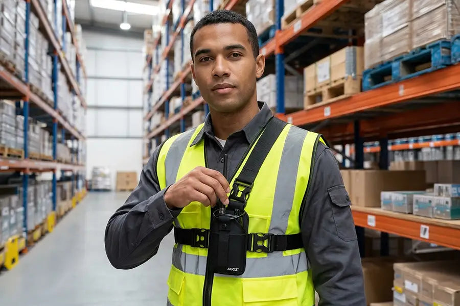 Warehouse security worker wearing chest harness pouch for Baofeng two-way radio while working in an industrial storage aisle