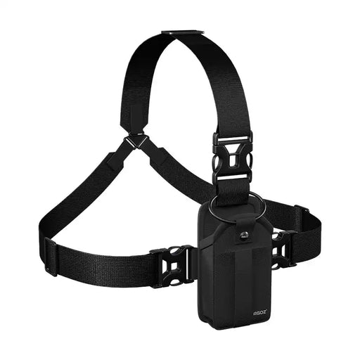 Angled front view of Chest Harness Holster for Newland Handheld Scanner with black pouch and secure strap system