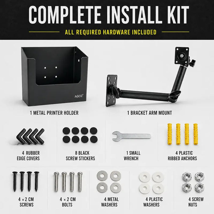 Complete install kit for SATO mobile printer arm mount with holder, bracket arm, screws, washers, nuts, and hardware