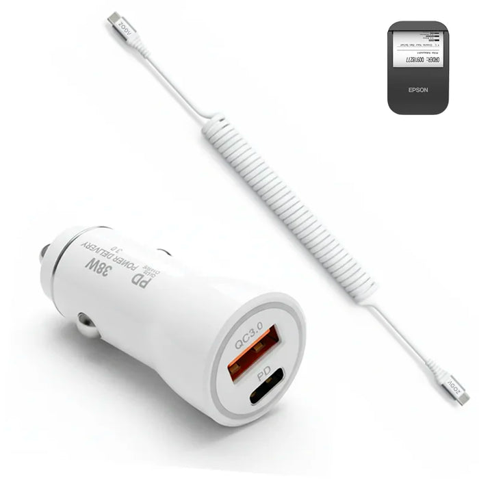 38W Fast Car Charger & USB-C Coiled Cable for Epson Mobilink TM-P20II Mobile Printer