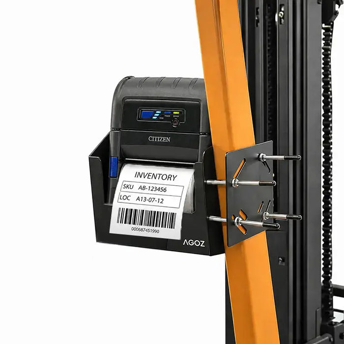 Agoz metal forklift holder with Citizen mobile printer mounted to a forklift pillar for warehouse label printing